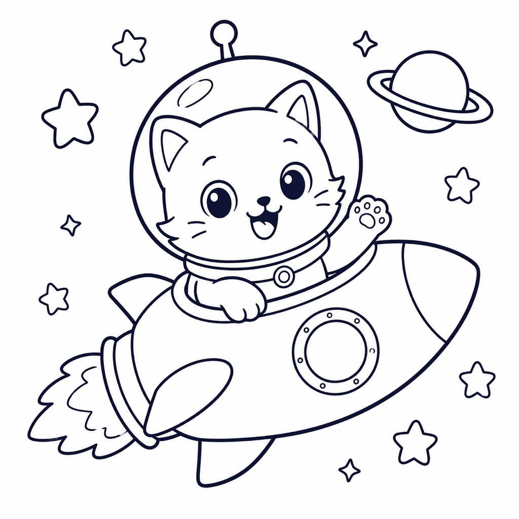 Coloring page of a space cat in a rocket