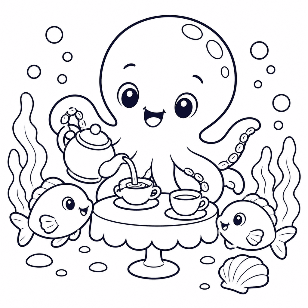 Coloring page of an undersea tea party with an octopus and fish