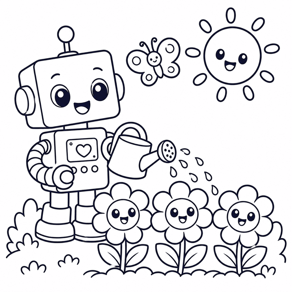 Coloring page of a robot watering a flower garden
