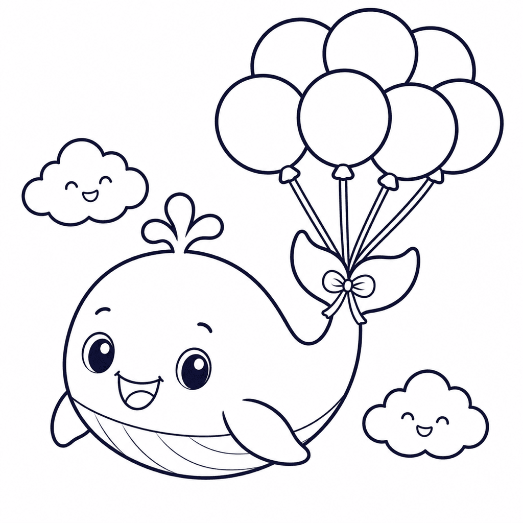 Coloring page of a whale lifted by balloons
