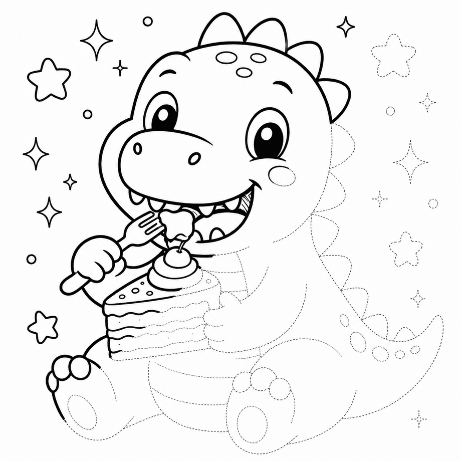 Coloring page of a dinosaur eating a slice of cake