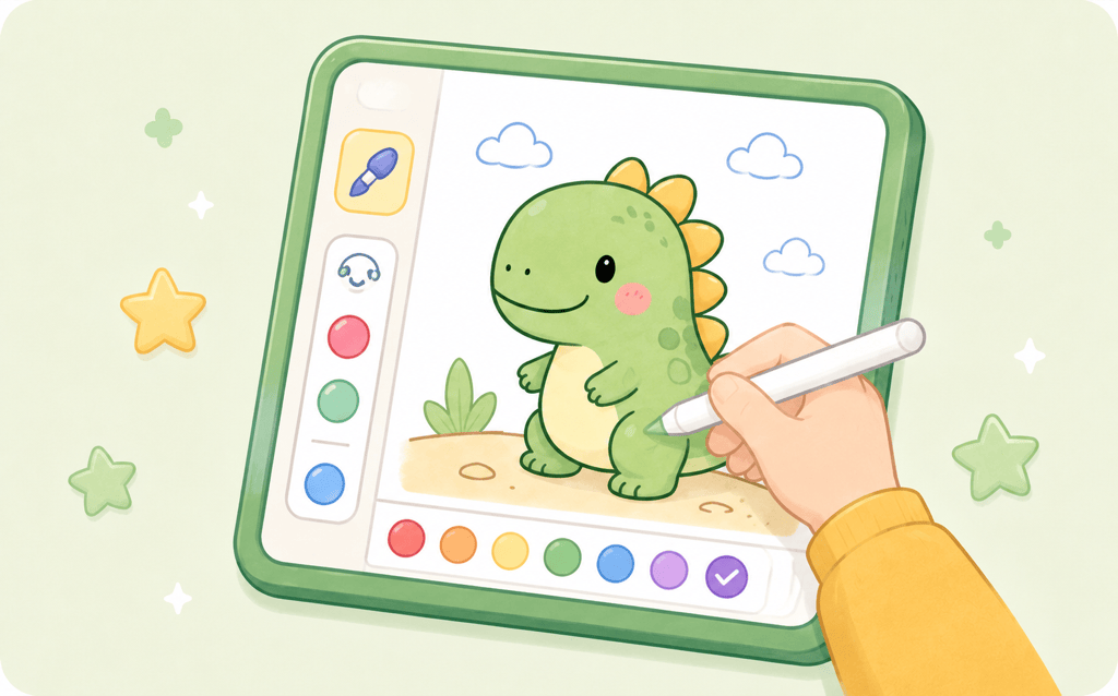 Coloring a dinosaur page on a tablet
